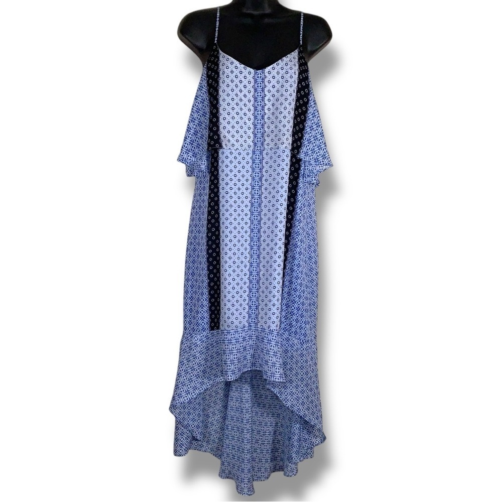 Medium Kaari Blue White Flowy Shelf Dress Sleeveless Geometric Boho Bohemian